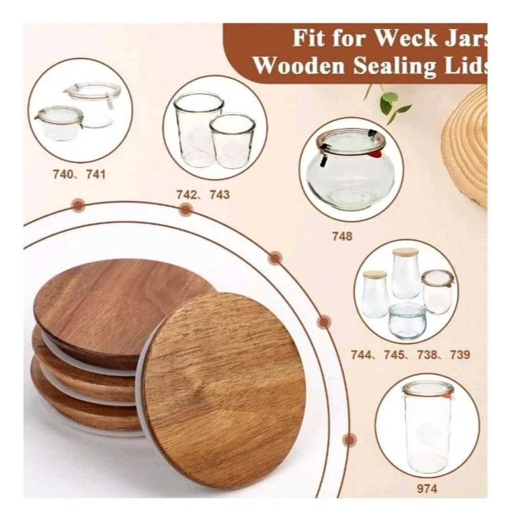 2 Pack Wooden Jar Lids with Silicone Seal Round Replacement Bamboo Style New